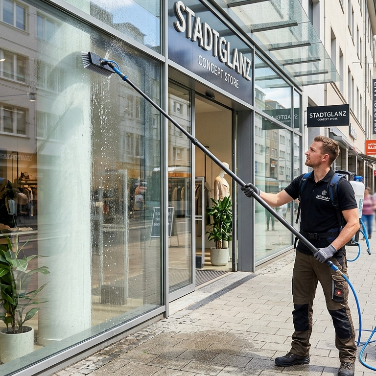 Ein Mann reinigt mit einem langen Stab die Fenster eines Geschäfts.