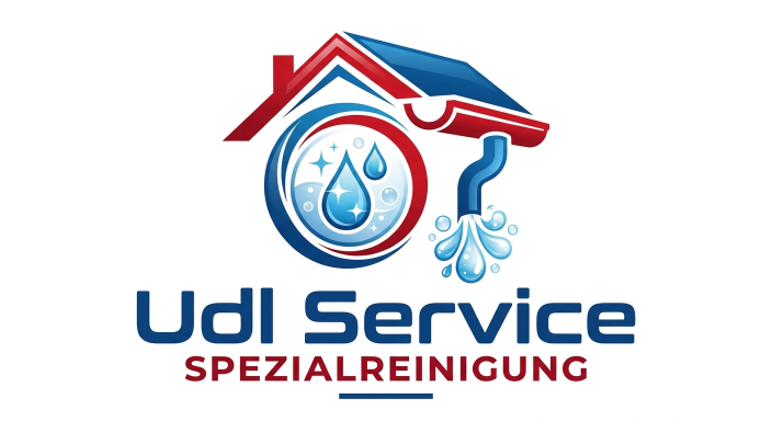 Logo von Udl Service Spezialreinigung, mit Haus, Wasser und Reinigungs-Symbolen.